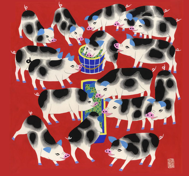 sandriver金山农民画系列之吉祥猪印花羊绒围巾sjs15p695n