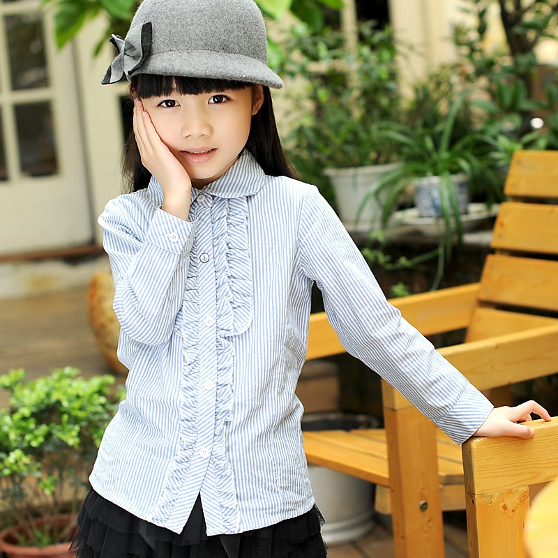 女大童装英伦条纹衬衫春秋装儿童翻领长袖纯棉上衣女童学院风衬衣