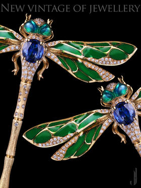 j经典收藏 18k蓝宝石 珐琅 蜻蜓胸针