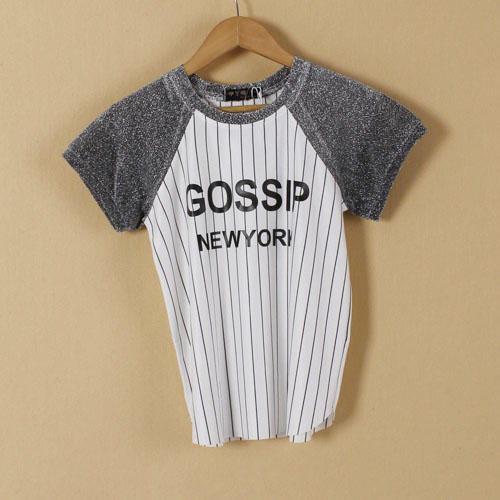 XL码白色竖条纹儿童亮丝插肩袖T恤B16 商品图0