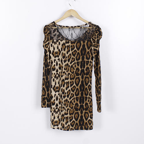 S码棕色豹纹印花拼接蕾丝性感修身连衣裙B21 商品图1