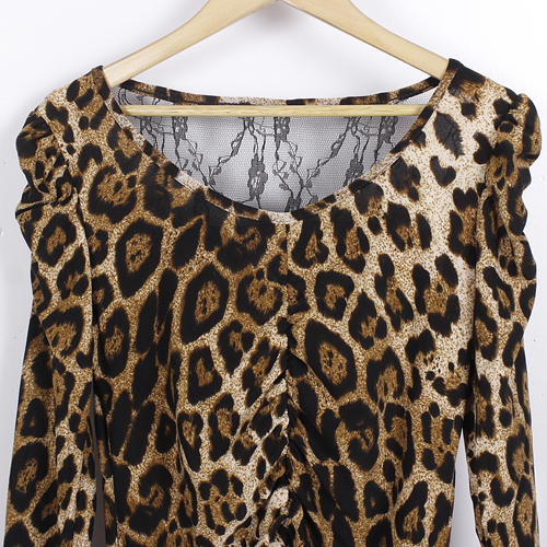 S码棕色豹纹印花拼接蕾丝性感修身连衣裙B21 商品图2