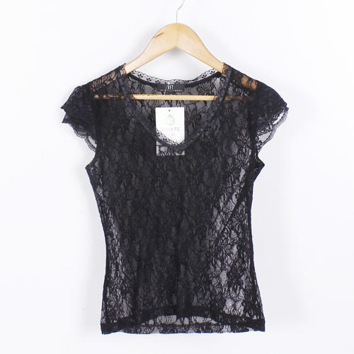 S码黑色蕾丝性感V领女士T恤B21 商品图0