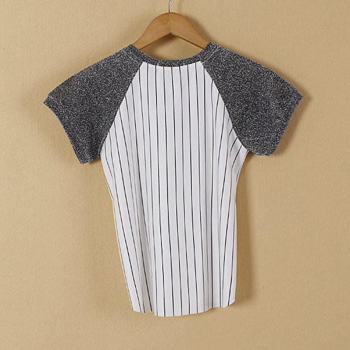 XL码白色竖条纹儿童亮丝插肩袖T恤B16 商品图1