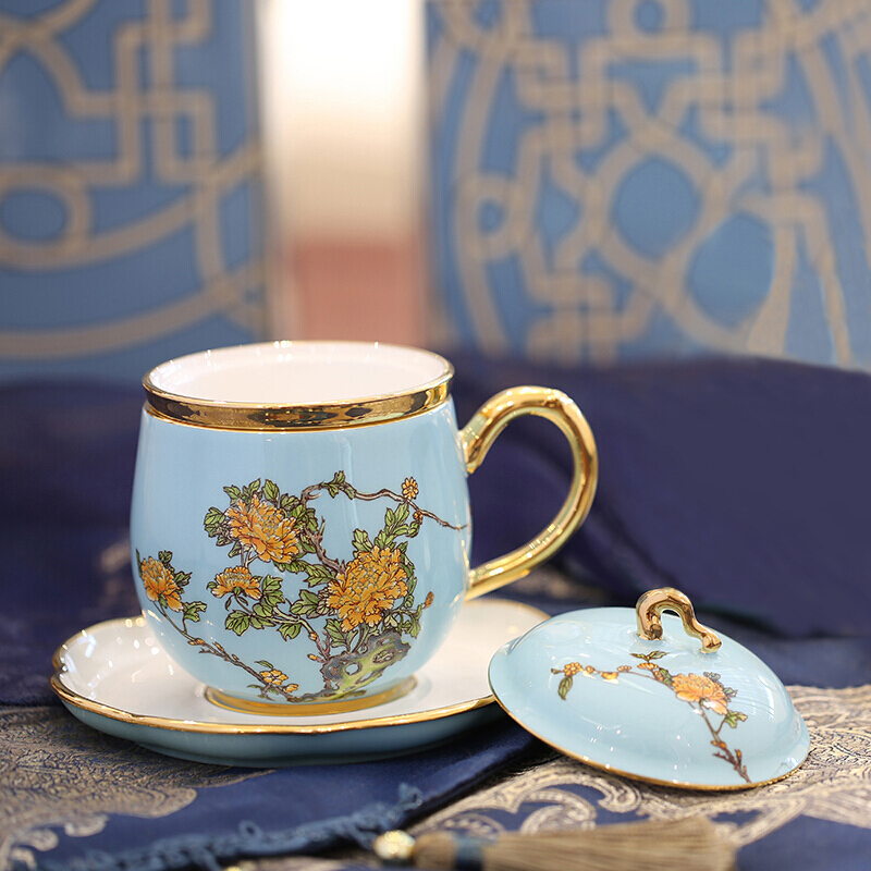 夫人瓷陶瓷水杯办公室泡茶杯骨瓷茶具带盖 过滤家用套装四件套 280ml