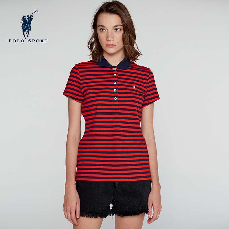 polo sport女装夏季新款条纹短袖t桖polo衫宽松运动休闲t桖衫纯棉