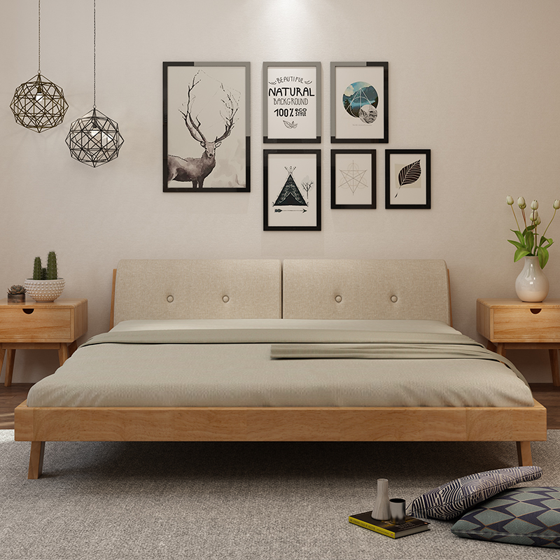 北欧橡胶木软靠双人床