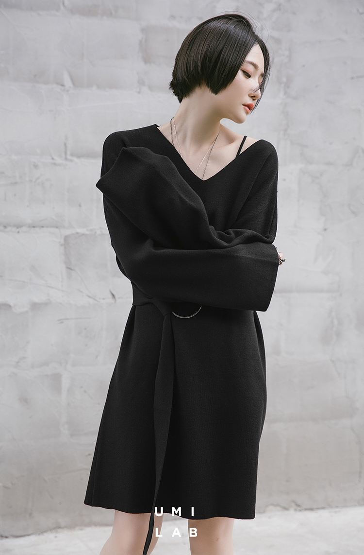 499任选2件|原jia599|清仓不退换】倾落/v领显瘦廓形连衣裙带腰带