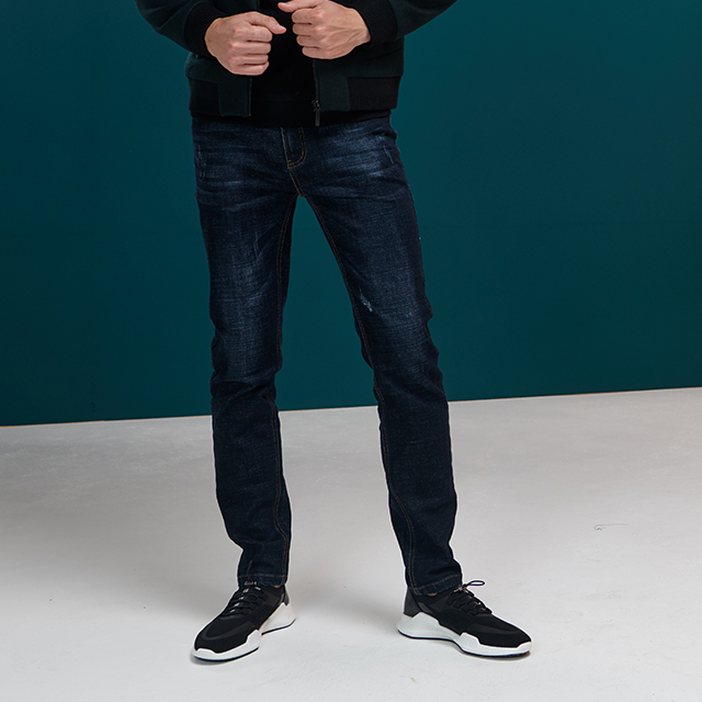 海男18年秋季时尚撞色织带蓝黑色牛仔裤383k3026