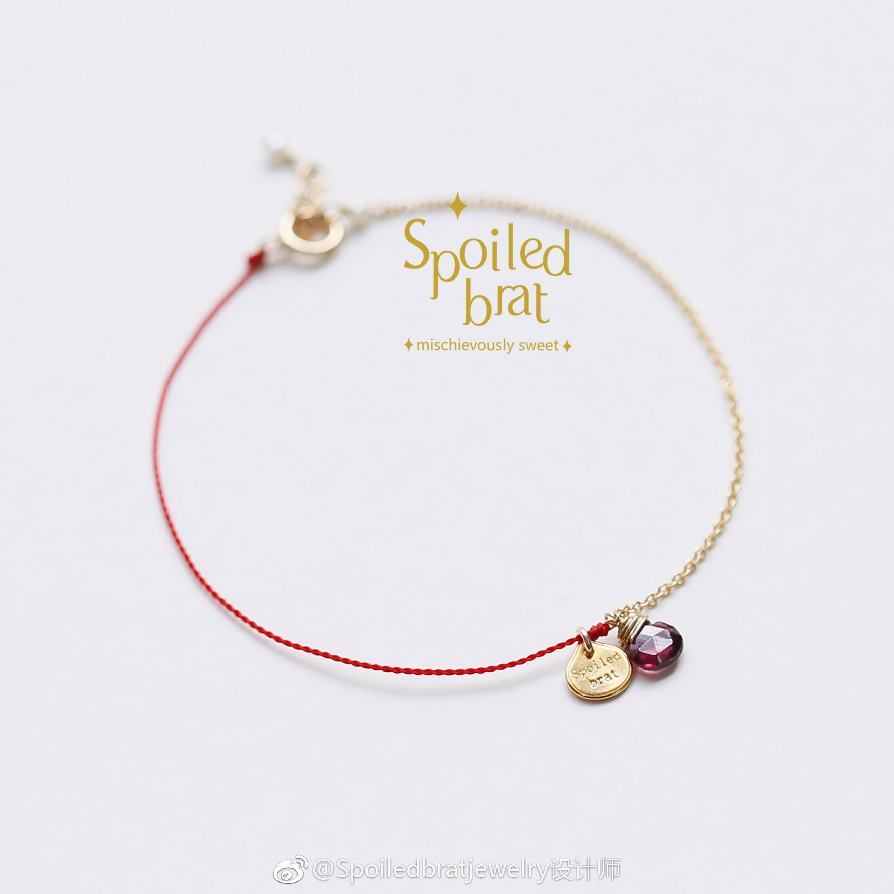 SpoiledBart Jewelry 14K注金石榴石半绳半链幸运红绳手链