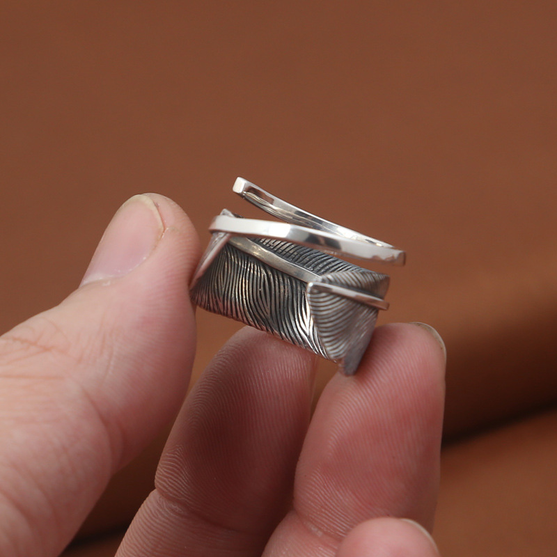 s925纯银饰品 泰银指环男款羽毛戒指 高桥吾郎 伸缩