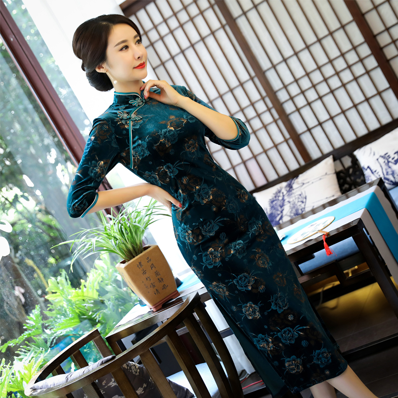 孔雀绿高档丝绒面料修身旗袍gr002