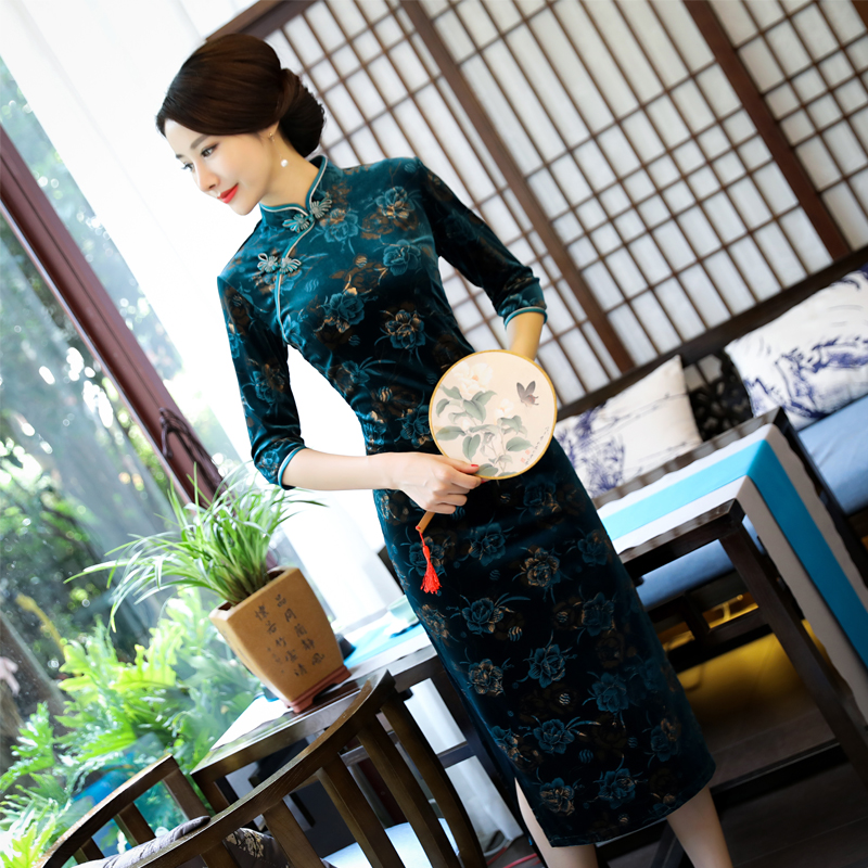 孔雀绿高档丝绒面料修身旗袍gr002