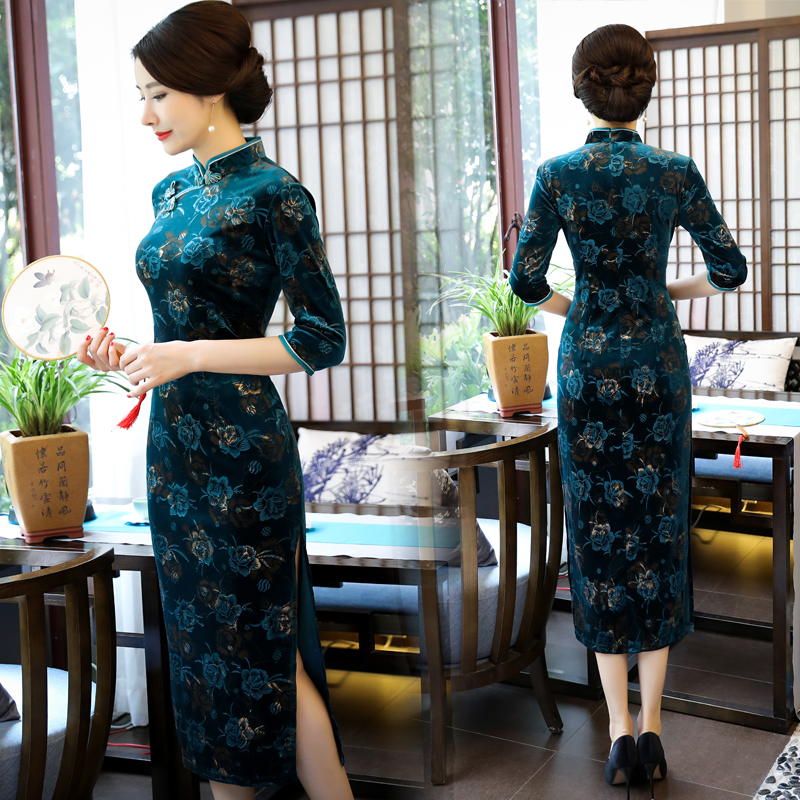 孔雀绿高档丝绒面料修身旗袍gr002