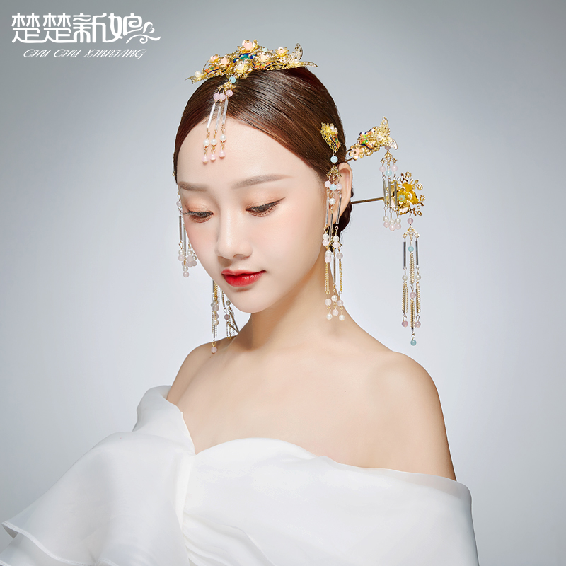 新娘古装头饰套装中式红色婚礼发饰结婚秀禾服凤冠龙凤褂礼服配饰