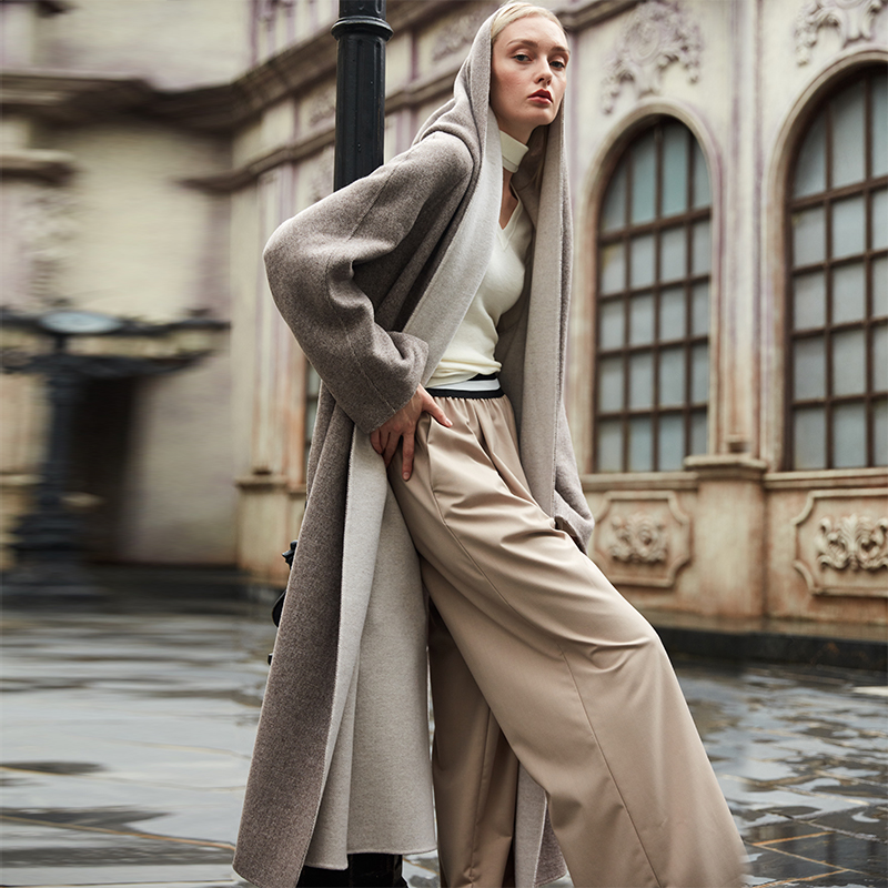 弗洛拉双面羊绒大衣女2018新品韩版宽松毛呢外套系带帽双面呢大衣