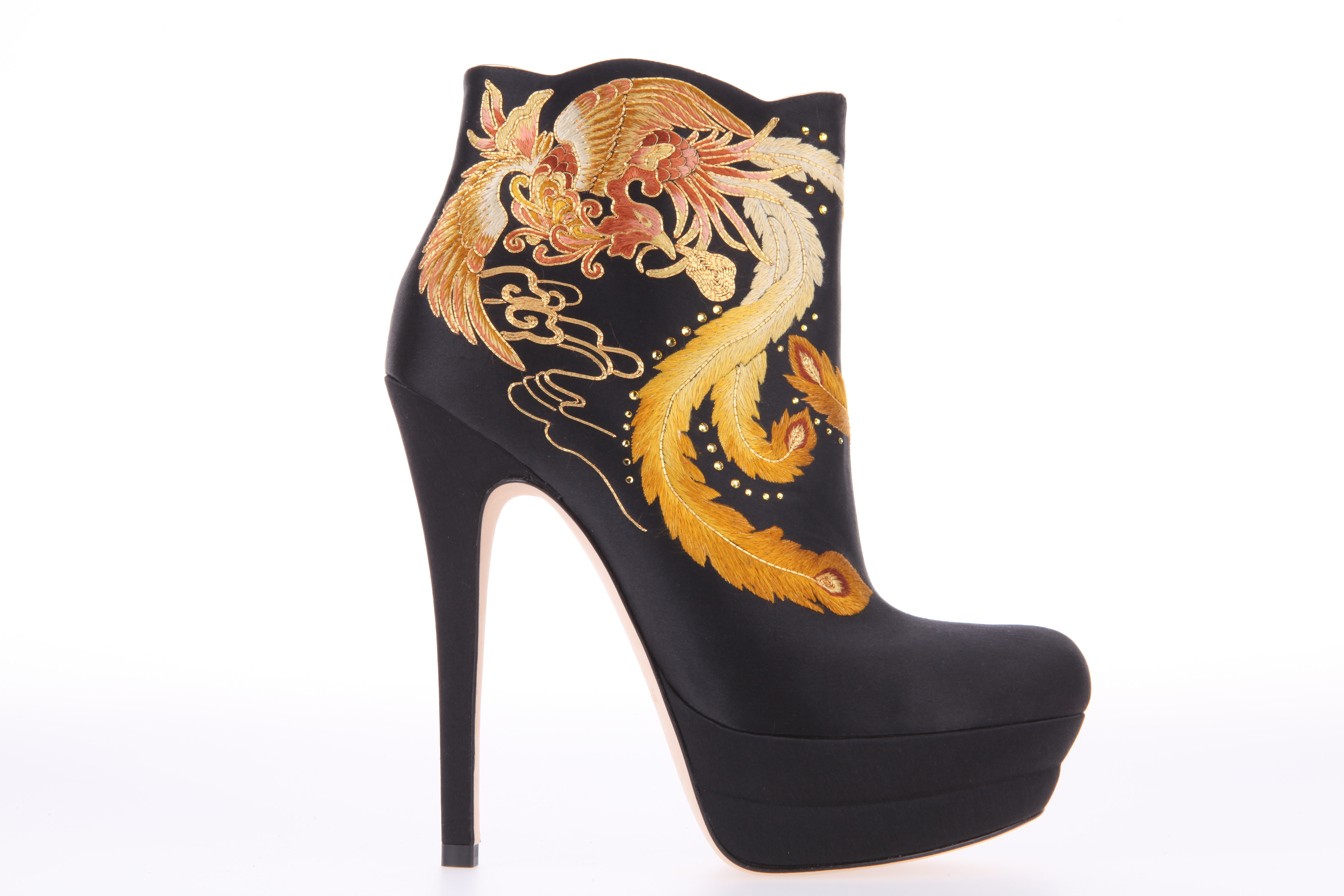 sheme 经典 黑金 刺绣 凤 高跟 短靴