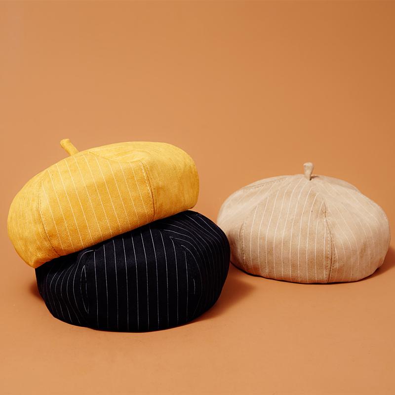 帽子女秋冬英伦女士条纹贝雷帽夏韩版薄款麂皮绒八角帽软妹南瓜帽