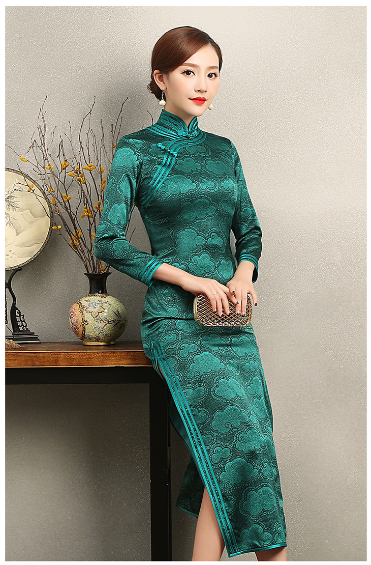 xgt-q8603祥云秋季新款真丝长袖长款文静优雅旗袍裙