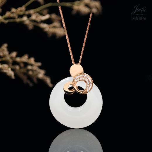 18K玫瑰金和田玉（白玉）镶钻高低扣吊坠--璨若星河  18*20mm 商品图0