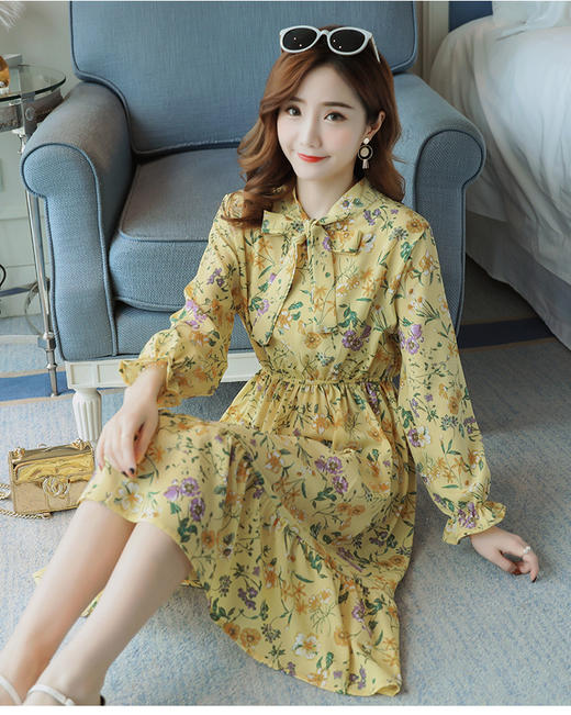 LZ09系带领长袖雪纺连衣裙，时光静好 商品图0