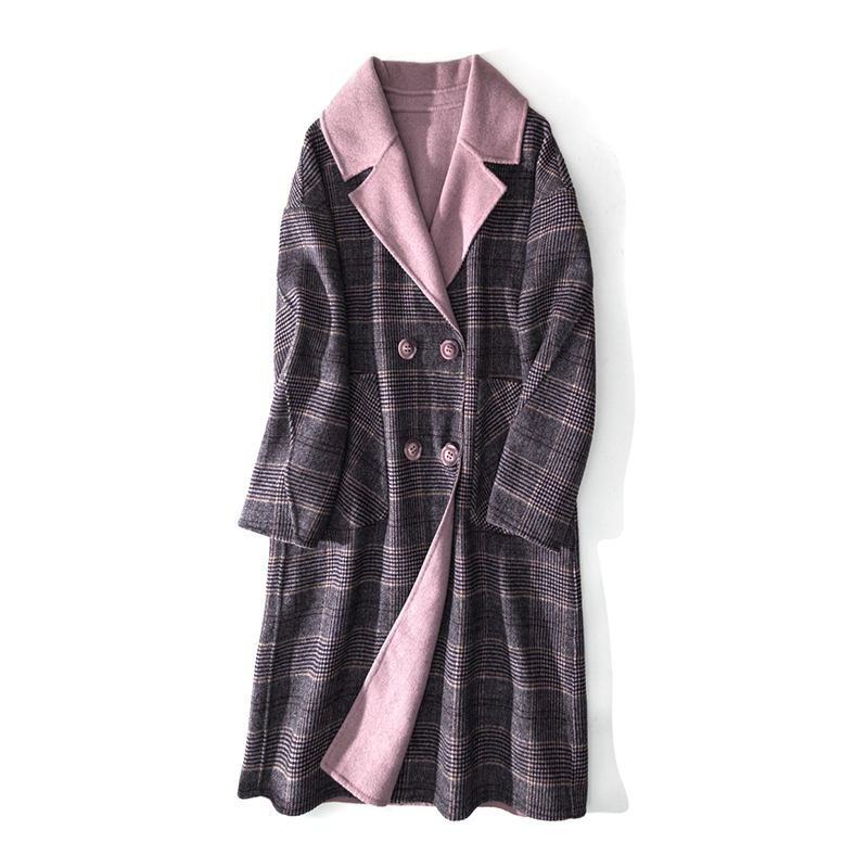 七格格赫本风大衣女中长款韩版2018新款冬双面呢加厚格子毛呢外套8mc
