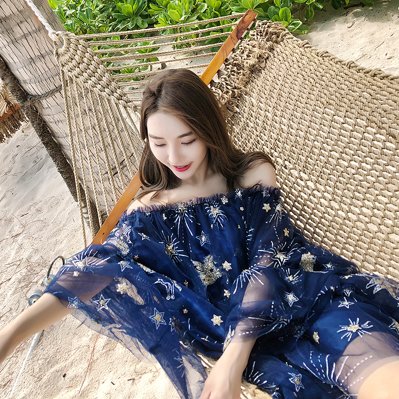 2018春装新款性感露肩度假网纱裙子短款名媛chic一字肩连衣裙女夏