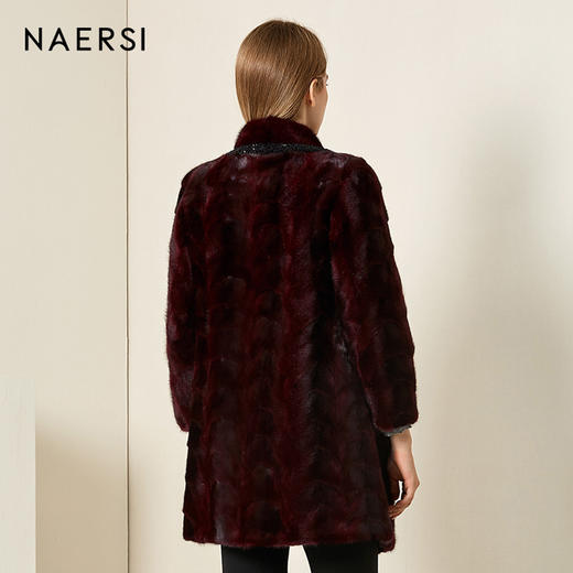 7折】naersi娜尔思 女装裘皮大衣2018冬季新款酒红色钉珠水貂毛皮中长