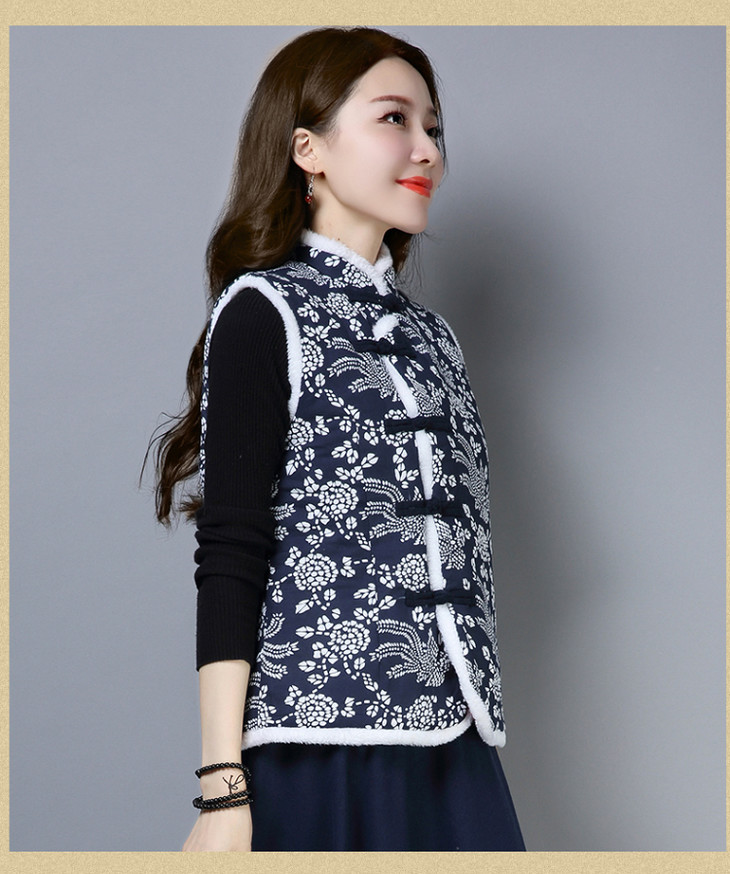 民族风棉麻复古盘扣毛领棉马甲(货号 mz5279)