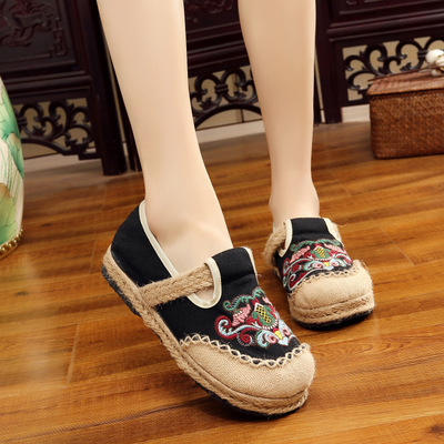 2018新款圆头亚麻鞋绣花鞋民族风女鞋经典手工麻绳单鞋休闲鞋