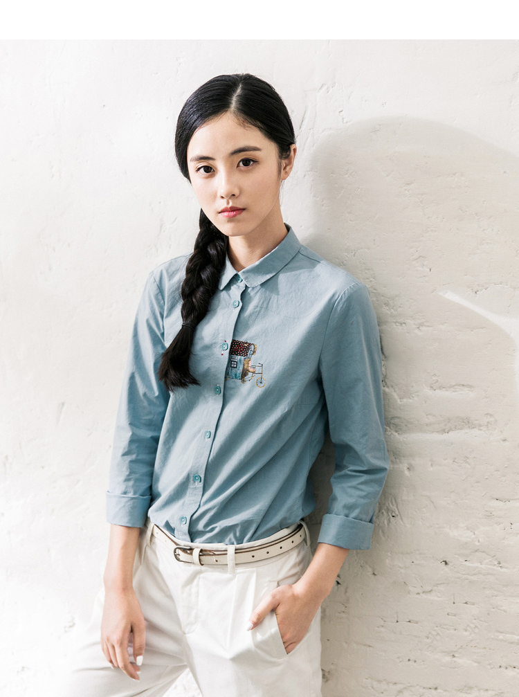 茵曼女装小清新文艺范印花纯棉白衬衫女长袖衬衣春秋打底女上衣