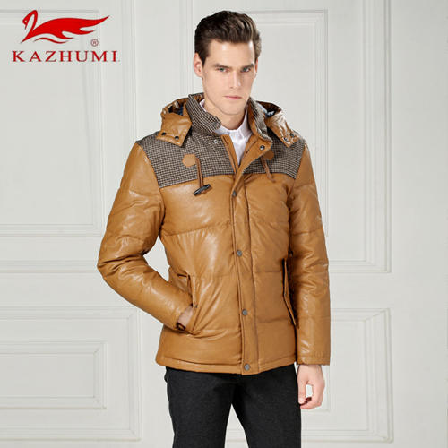 卡朱米XXL码驼色羽绒服男修身短款PU潮连帽外套B11 商品图0