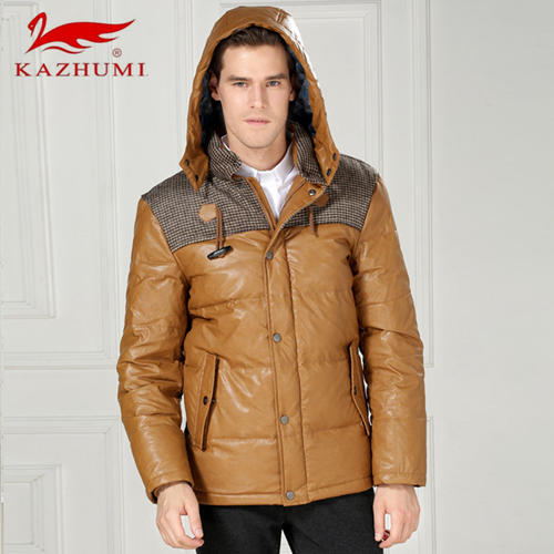 卡朱米XXL码驼色羽绒服男修身短款PU潮连帽外套B11 商品图1