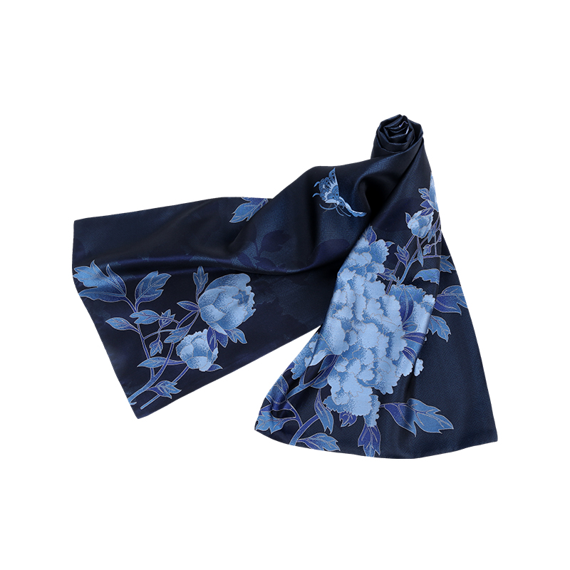 saintjoy/上久楷 宋锦双面长巾 富贵牡丹·深蓝色 sj7461