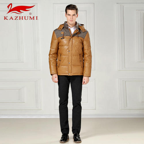 卡朱米XXL码驼色羽绒服男修身短款PU潮连帽外套B11 商品图3