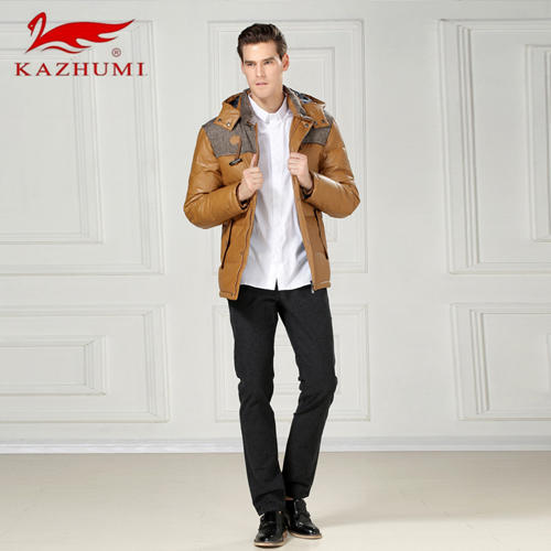 卡朱米XXL码驼色羽绒服男修身短款PU潮连帽外套B11 商品图2