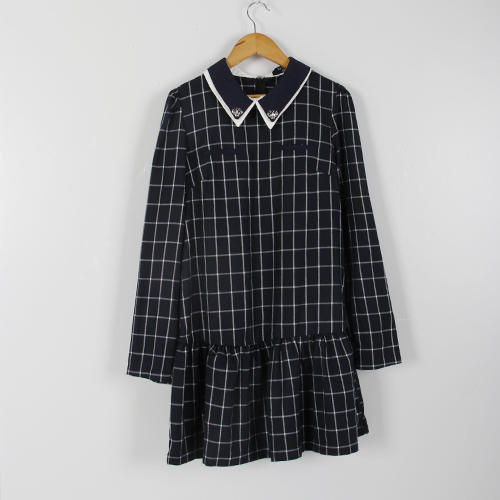 拉夏贝尔M码藏青色格纹娃娃领连衣裙E45 商品图0