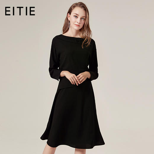 EITIE爱特爱品牌女装时尚气质圆领九分袖中裙纯色连衣裙5807511 商品图1