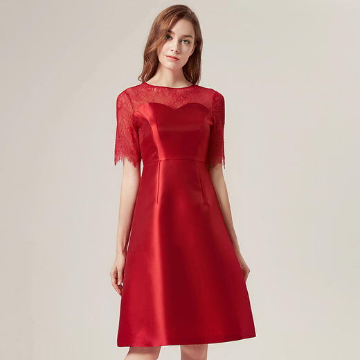 EITIE爱特爱品牌女装商场同款秋款婚宴优雅蕾丝红色礼服裙5877524 商品图2