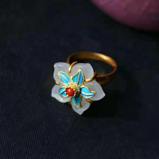 纯银鎏金点翠和田玉（白玉）桃花戒指--三生三世 商品图0