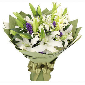 谦谦君子  19朵白色香水百合，黄莺+勿忘我+满天星丰满搭配(1625)