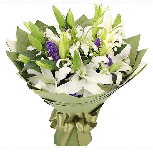 谦谦君子  19朵白色香水百合，黄莺+勿忘我+满天星丰满搭配(1625) 商品图0