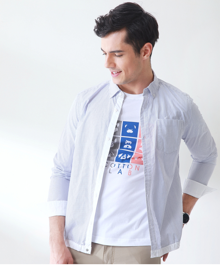 棉先生男装 秋季新款男士拼接下摆条纹衬衫 纯棉休闲衬衣男长袖