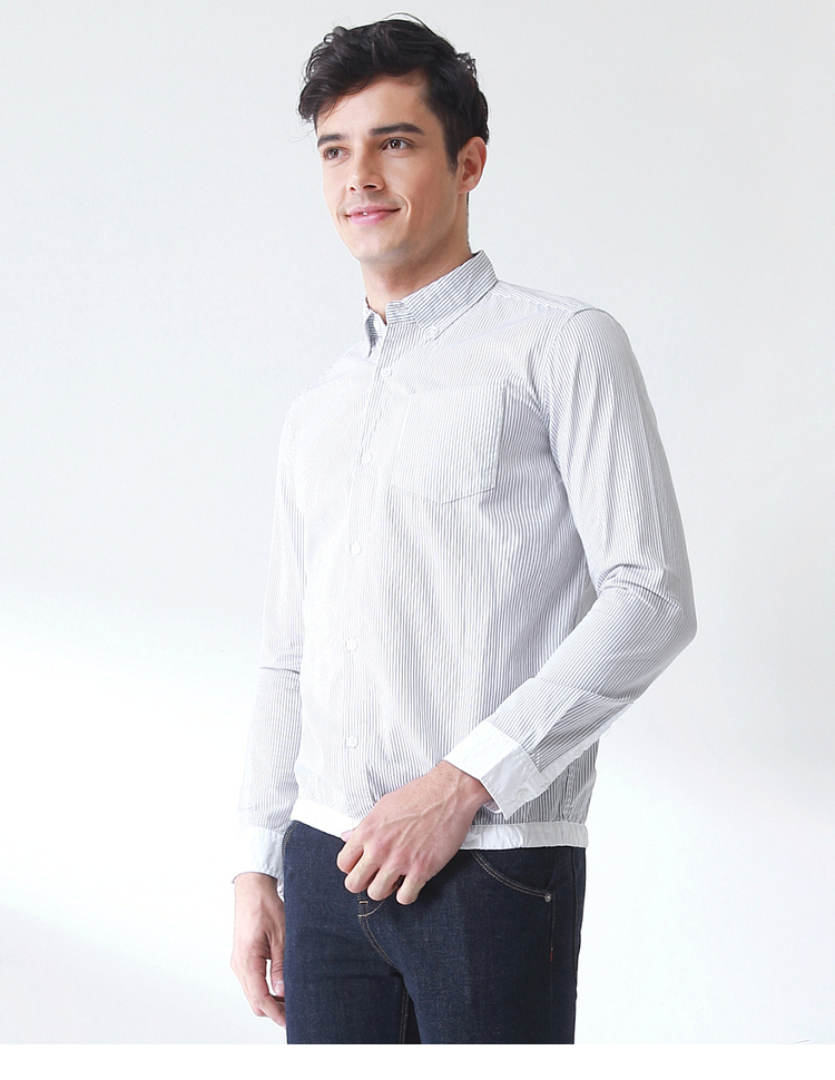 棉先生男装 秋季新款男士拼接下摆条纹衬衫 纯棉休闲衬衣男长袖
