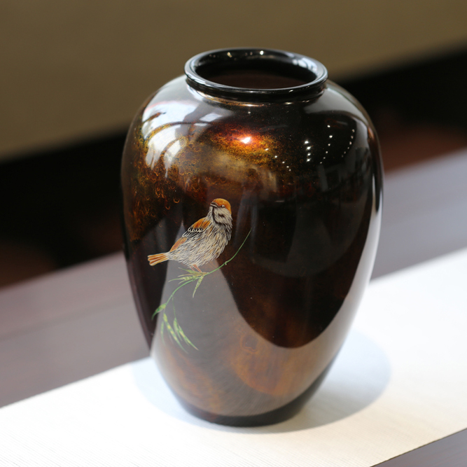 大漆紫砂手绘花瓶 天然生漆复杂工艺制成的艺术漆器花瓶 茶几案头的一