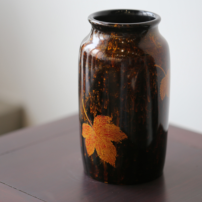 大漆紫砂手绘花瓶 天然生漆复杂工艺制成的艺术漆器花瓶 茶几案头的一