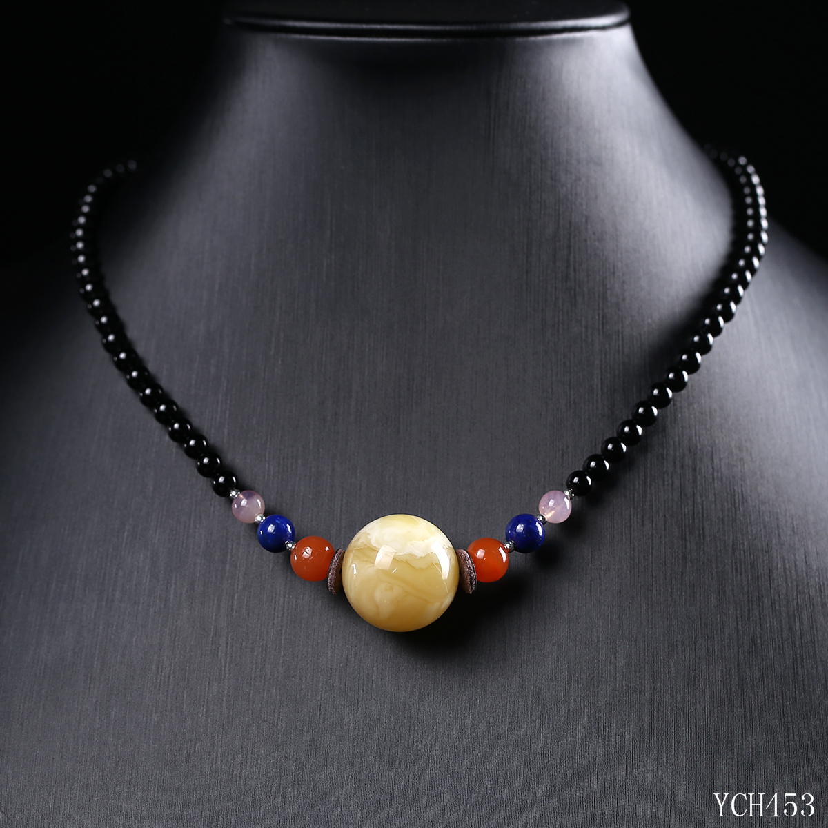 【原创黑玛瑙配蜜蜡圆珠锁骨链】克重:22.8g 【编码:ych453】