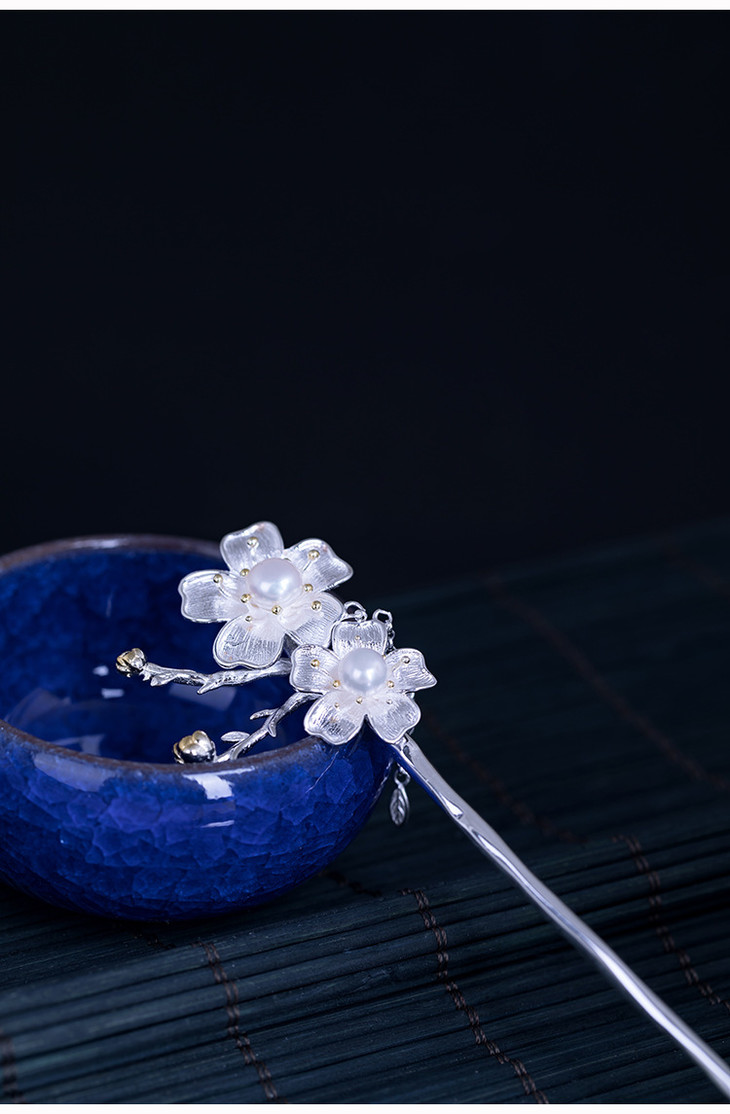 925银唯美珍珠樱花古典盘发头饰叶子流苏步摇发簪xyf16030
