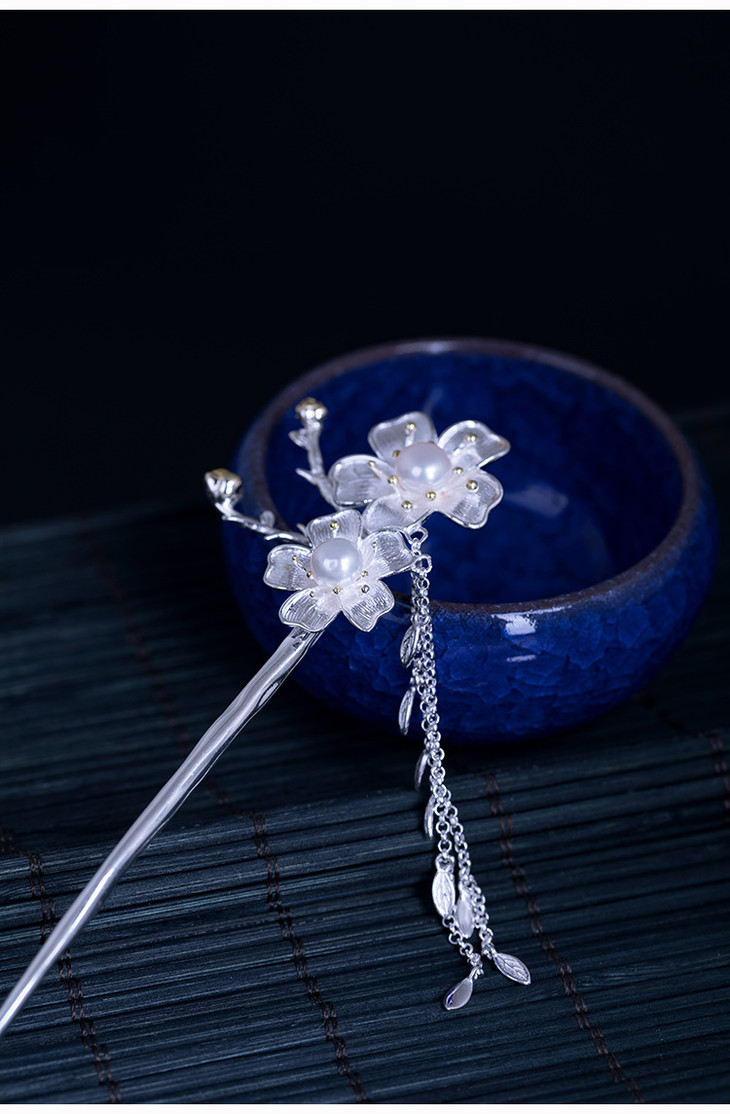 925银唯美珍珠樱花古典盘发头饰叶子流苏步摇发簪xyf16030