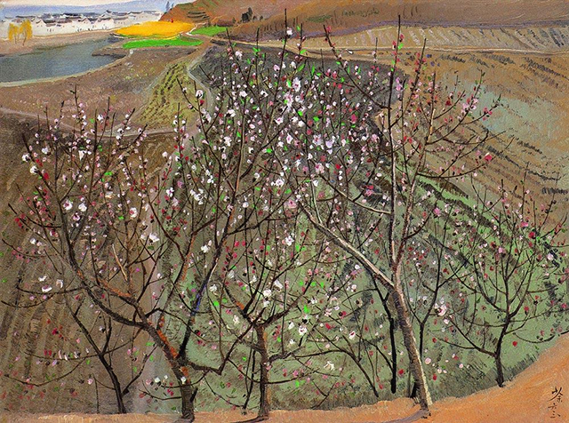 吴冠中|《桃花》——综合版(油画)